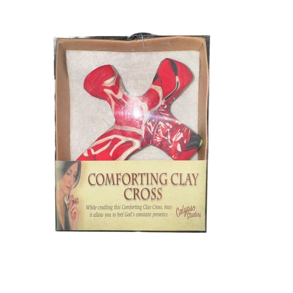 NEW Calypso Studios  Comforting Clay Hand Held Cross, Stone, Red Flower